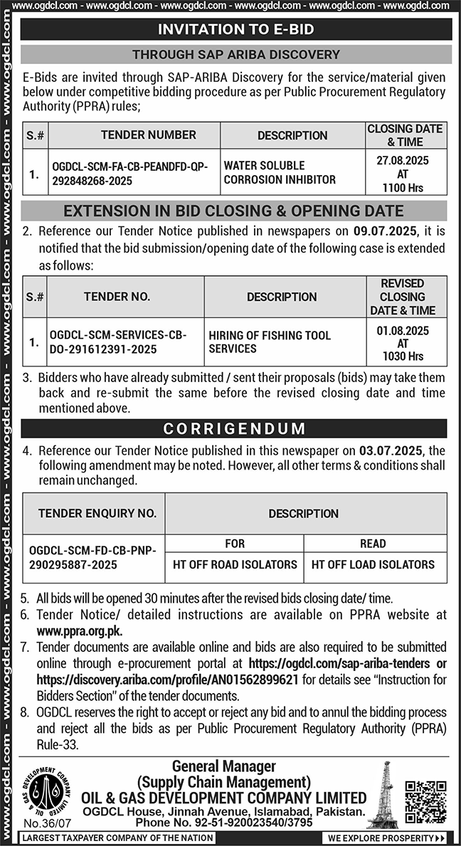 Oil & Gas Development Company Limited Islamabad Tender Notice